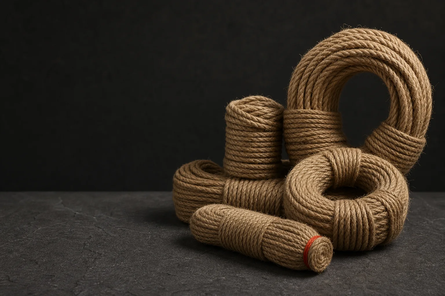 Coils of natural jute rope arranged on a dark studio surface
